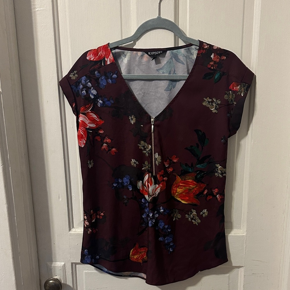 Express Burgundy Floral V-Neck Blouse